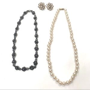 Vintage Pearl Silver Floral Necklaces + Earrings